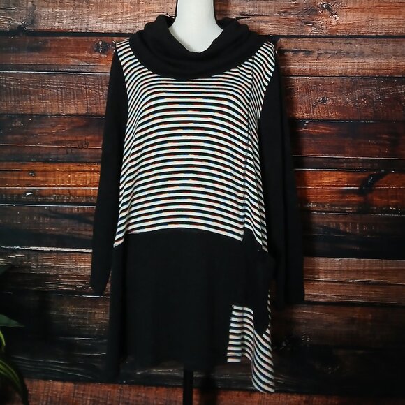 Ali Miles Tunic Sweater 1X Cowl Neck Black Rainbow Striped - Picture 2 of 10